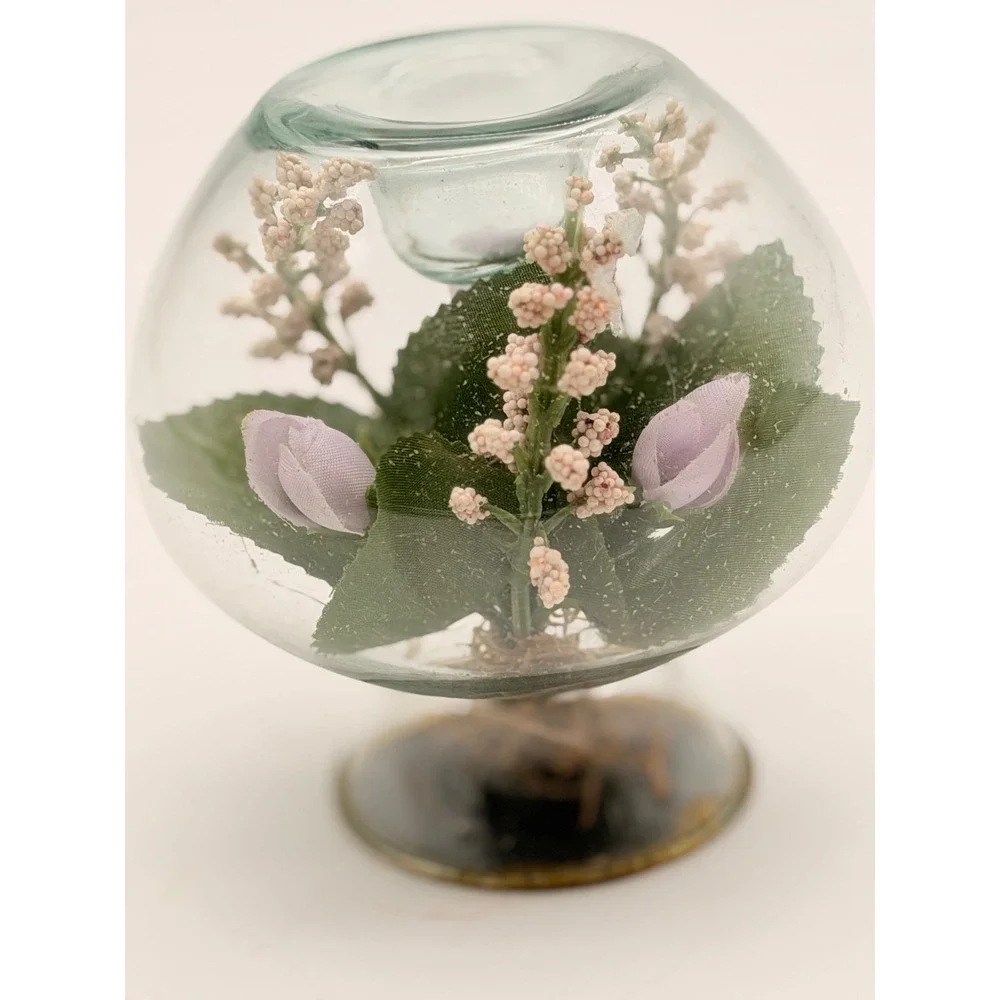 Vintage Glass Terrarium Votive Candle Holder Purple Faux Flowers Pedestal Globe